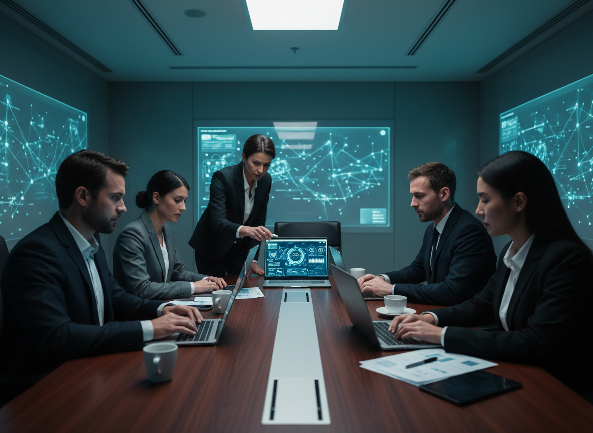 Business team collaborating in a modern meeting representing a forward-thinking approach